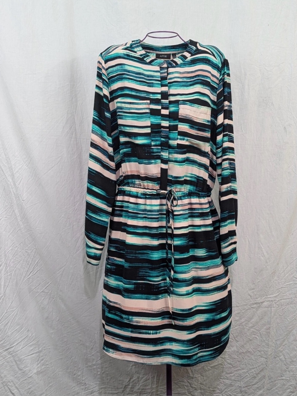 Apt 9 Abstract Striped Shirt Dress Green Teal Black Roll Tab Sleeve Sz 16